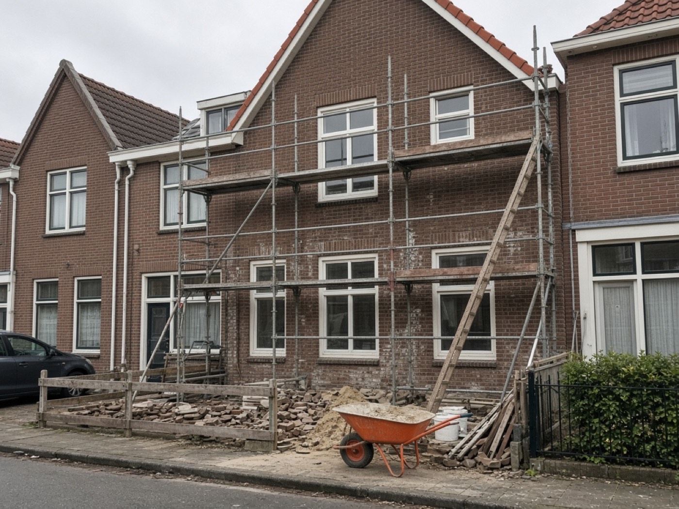 Bakstenen rijtjeshuis in de steigers, met een kruiwagen en losse stenen