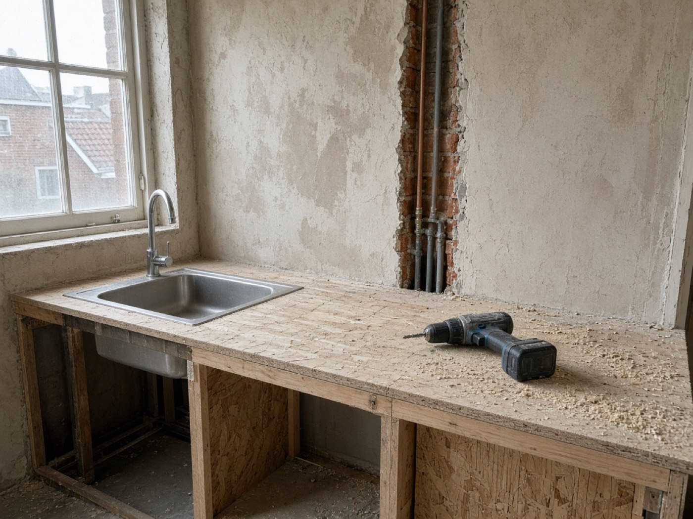 Keuken in verbouwing, met spoelbak, boormachine en leidingen in de muur