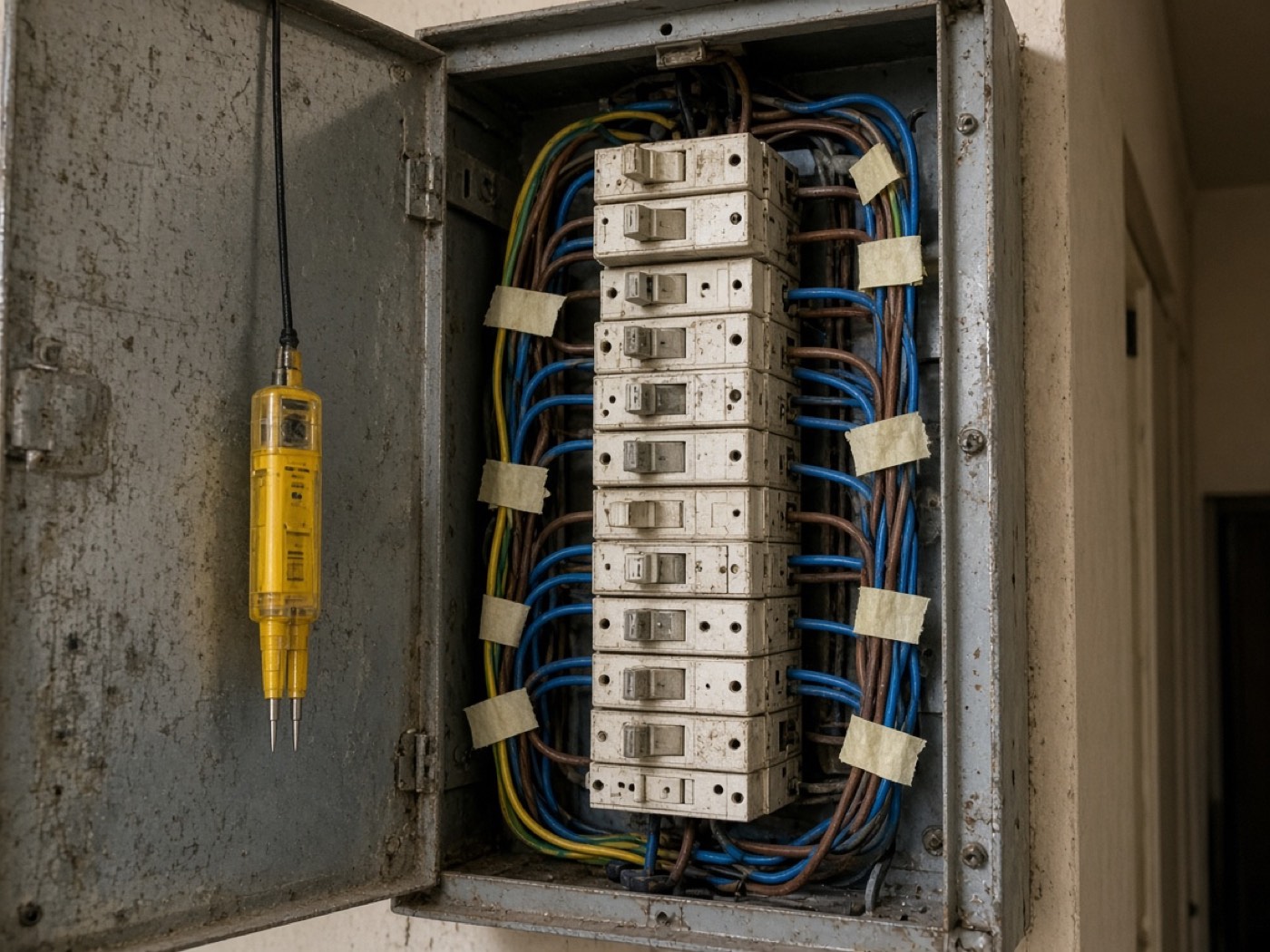 Stoffige groepenkast met tape op de draden en een gele tester