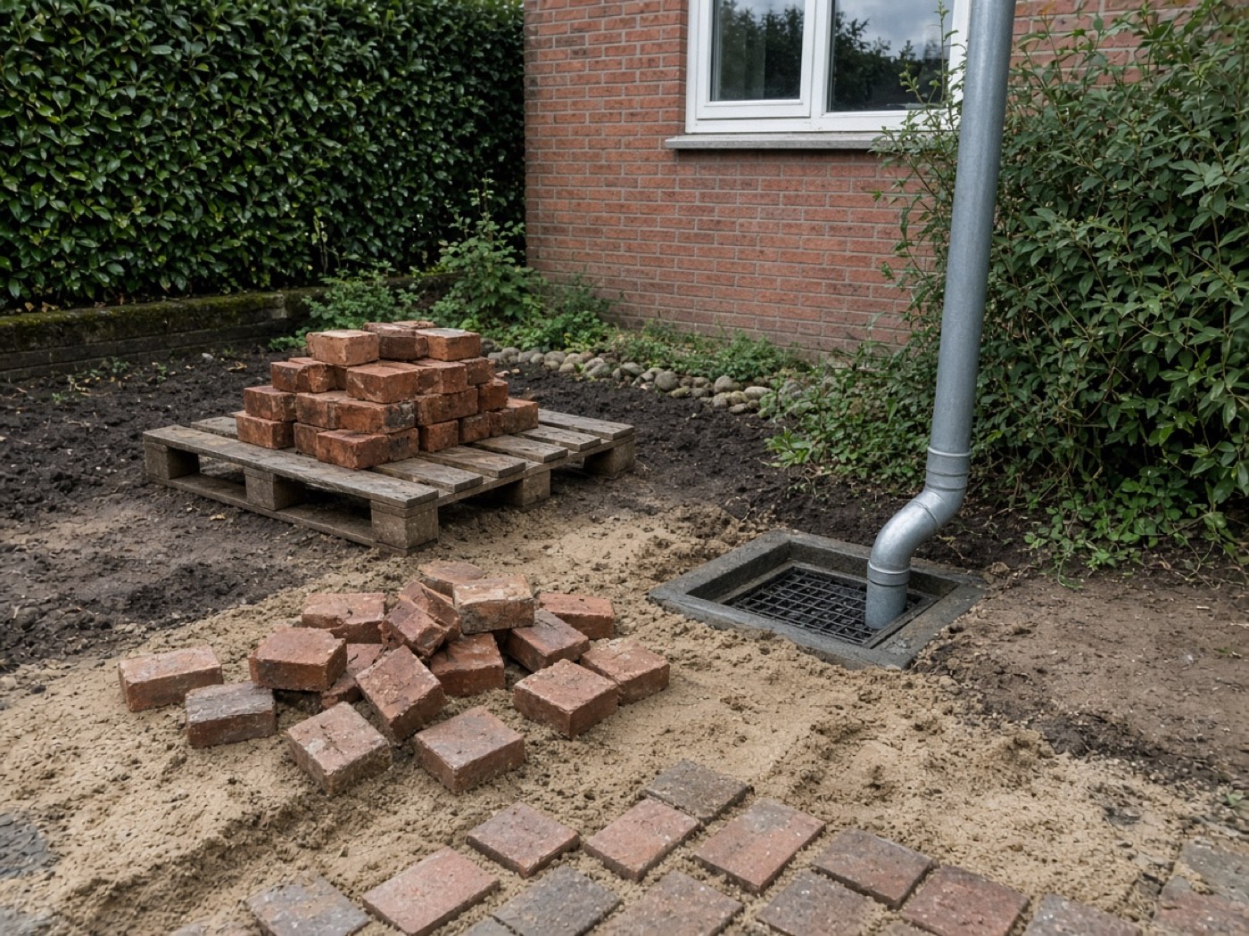 Regenpijp in een put, klinkers op een pallet en losse stenen in het zand